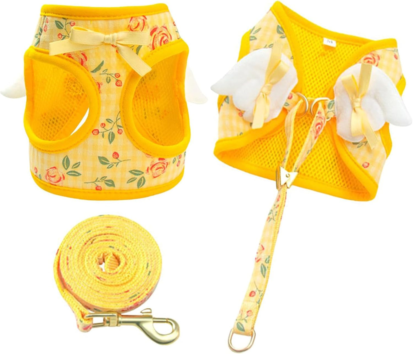 Dog Harness and Leash Set with Angel Wings,Pet Adjustable Mesh Vest Harness with Wings and Bow for Small Medium Dogs Cats_M(Yellow Flower)