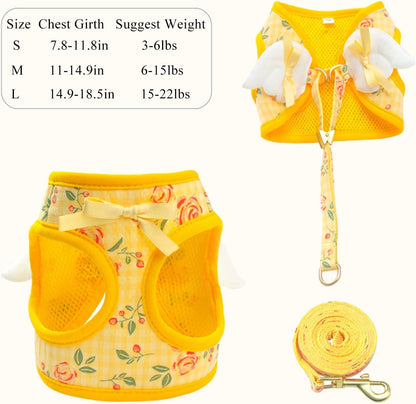 Dog Harness and Leash Set with Angel Wings,Pet Adjustable Mesh Vest Harness with Wings and Bow for Small Medium Dogs Cats_M(Yellow Flower)