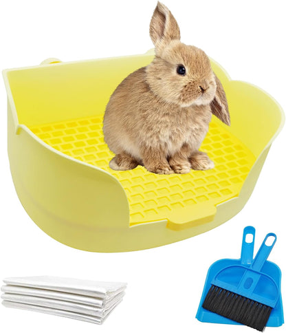 Rabbit Cage Litter Box,Plastic Bunny Litter Pan Detachable Rabbits Corner Potty Training Bedding Boxes with Grate for Guinea Pig Chinchilla Hedgehog Ferret(Yellow)