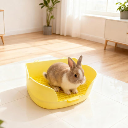 Rabbit Cage Litter Box,Plastic Bunny Litter Pan Detachable Rabbits Corner Potty Training Bedding Boxes with Grate for Guinea Pig Chinchilla Hedgehog Ferret(Yellow)