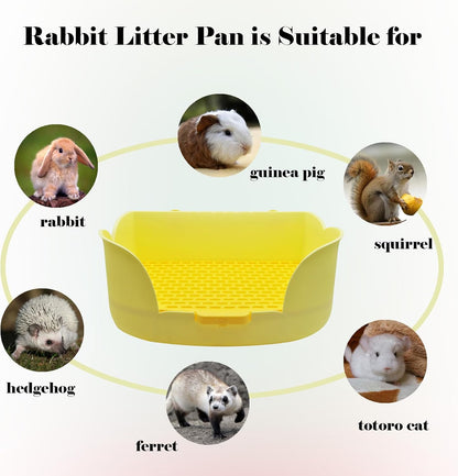Rabbit Cage Litter Box,Plastic Bunny Litter Pan Detachable Rabbits Corner Potty Training Bedding Boxes with Grate for Guinea Pig Chinchilla Hedgehog Ferret(Yellow)