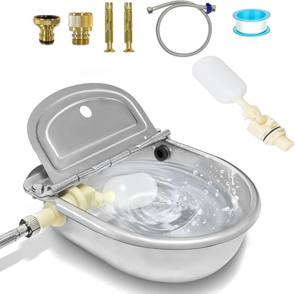 Automatic Water Dispenser for Dogs,304 Stainless Steel Float Valve Pet Bowl | Self-Filling, Wall Mounted, 2.5L Capacity, Drain Plug for Easy Clean, for Large Dogs Chickens Horses, Yard Farm Outdoor Use