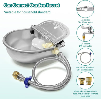 Automatic Water Dispenser for Dogs,304 Stainless Steel Float Valve Pet Bowl | Self-Filling, Wall Mounted, 2.5L Capacity, Drain Plug for Easy Clean, for Large Dogs Chickens Horses, Yard Farm Outdoor Use