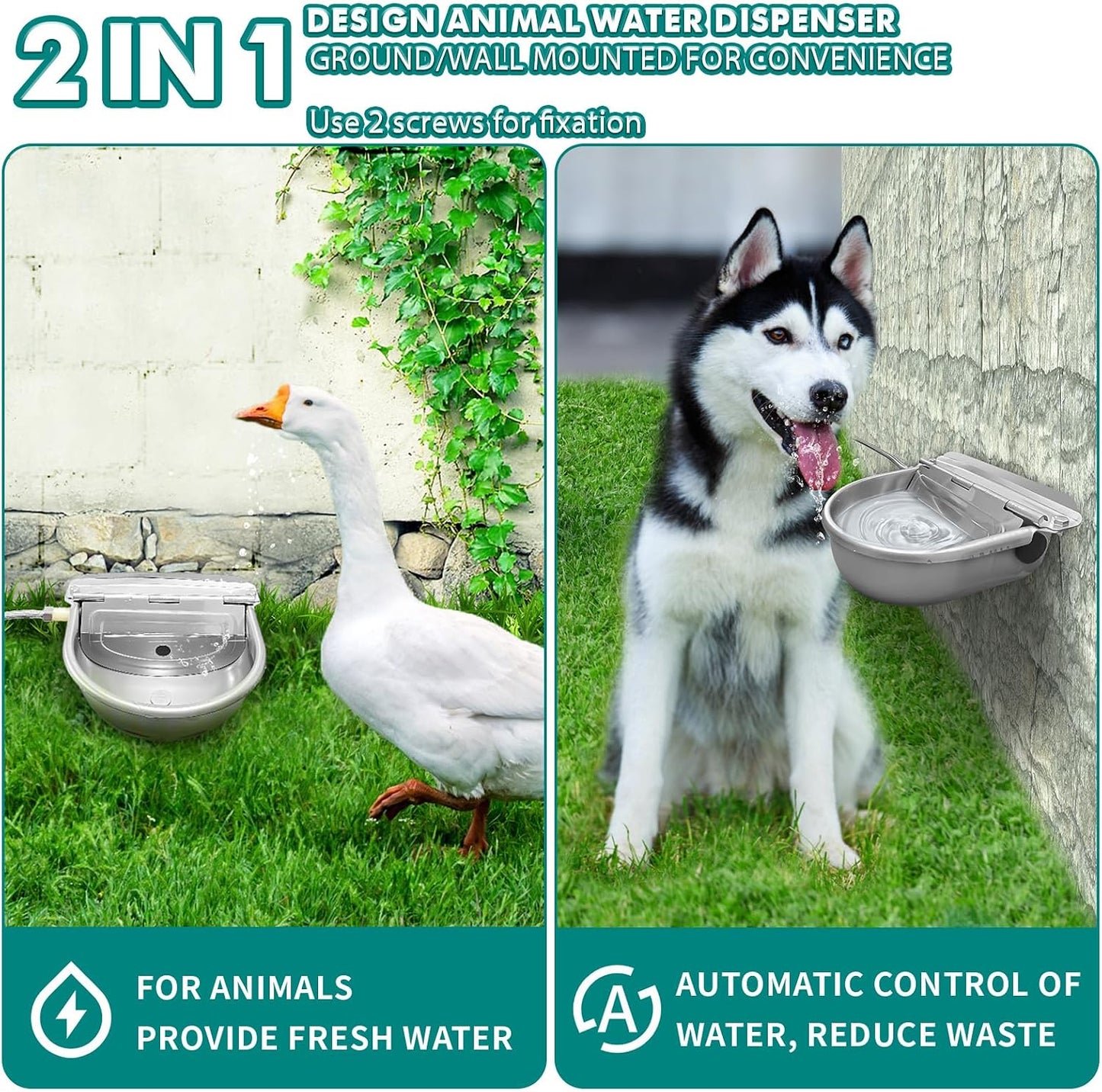 Automatic Water Dispenser for Dogs,304 Stainless Steel Float Valve Pet Bowl | Self-Filling, Wall Mounted, 2.5L Capacity, Drain Plug for Easy Clean, for Large Dogs Chickens Horses, Yard Farm Outdoor Use