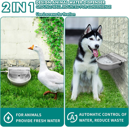 Automatic Water Dispenser for Dogs,304 Stainless Steel Float Valve Pet Bowl | Self-Filling, Wall Mounted, 2.5L Capacity, Drain Plug for Easy Clean, for Large Dogs Chickens Horses, Yard Farm Outdoor Use