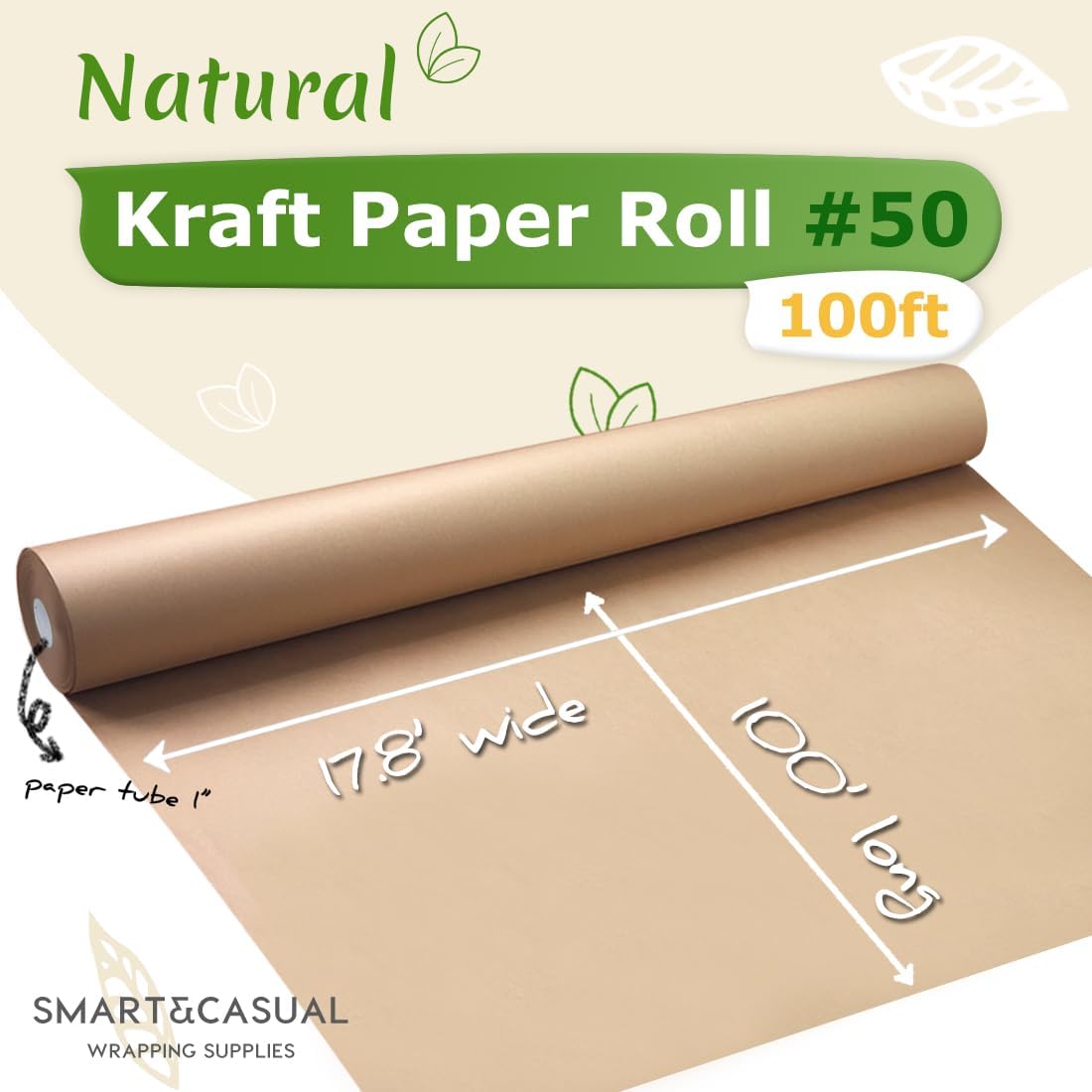 Brown Wrapping Paper Roll 17.8"×1,200"(100') Kraft Paper for Craft Gift Bulletin Board Banner Bouquet Flower Table Covering Packing Shipping Moving 70GSM 50LB(Brown, 17.8" x 1,200")