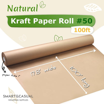 Brown Wrapping Paper Roll 17.8"×1,200"(100') Kraft Paper for Craft Gift Bulletin Board Banner Bouquet Flower Table Covering Packing Shipping Moving 70GSM 50LB(Brown, 17.8" x 1,200")