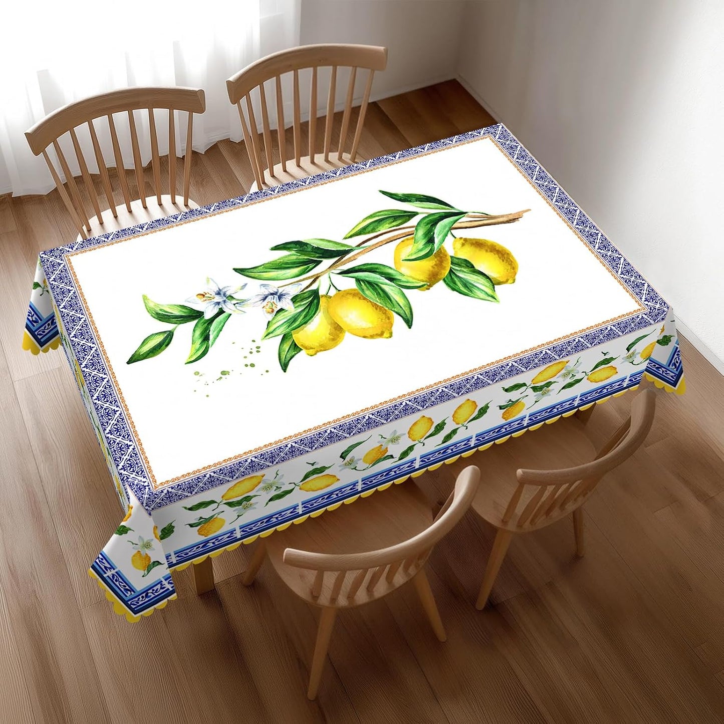 Lemon Table Cloth Yellow and Blue Mediterranean Summer Decor Tile Flower Pattern Rectangle Tablecloth Reusable Table Cloths Washable Tabletop Covers for Kitchen Party, 54"X72"