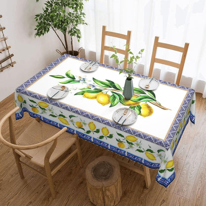 Lemon Table Cloth Yellow and Blue Mediterranean Summer Decor Tile Flower Pattern Rectangle Tablecloth Reusable Table Cloths Washable Tabletop Covers for Kitchen Party, 54"X72"