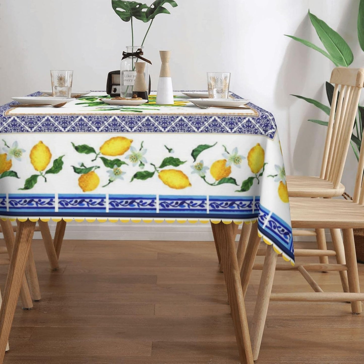 Lemon Table Cloth Yellow and Blue Mediterranean Summer Decor Tile Flower Pattern Rectangle Tablecloth Reusable Table Cloths Washable Tabletop Covers for Kitchen Party, 54"X72"