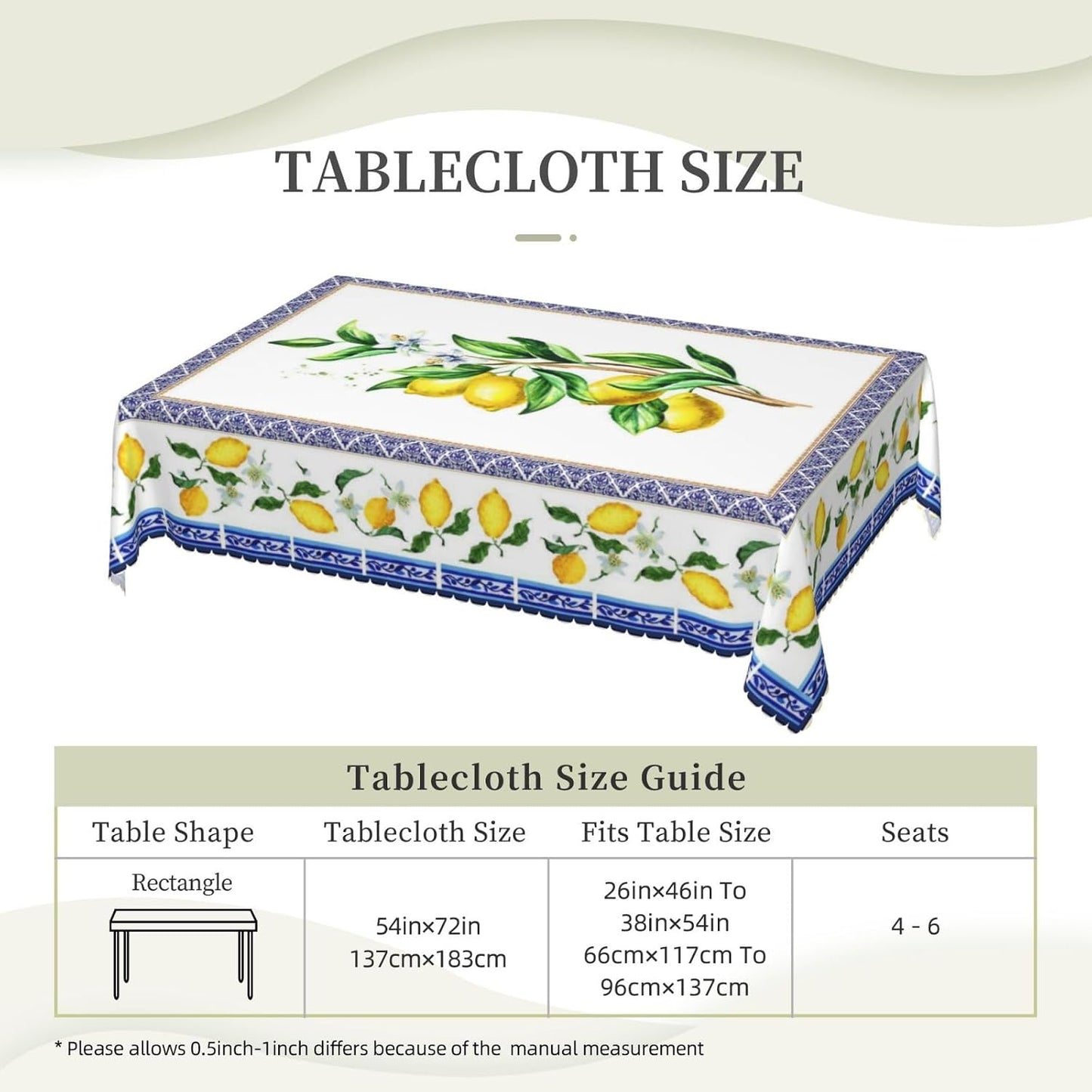 Lemon Table Cloth Yellow and Blue Mediterranean Summer Decor Tile Flower Pattern Rectangle Tablecloth Reusable Table Cloths Washable Tabletop Covers for Kitchen Party, 54"X72"
