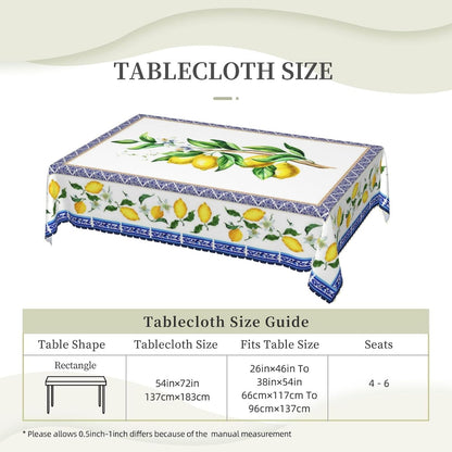 Lemon Table Cloth Yellow and Blue Mediterranean Summer Decor Tile Flower Pattern Rectangle Tablecloth Reusable Table Cloths Washable Tabletop Covers for Kitchen Party, 54"X72"