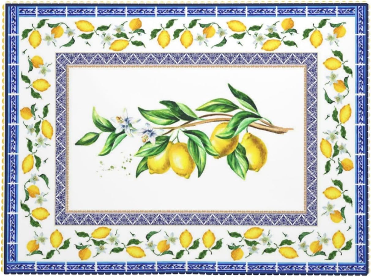 Lemon Table Cloth Yellow and Blue Mediterranean Summer Decor Tile Flower Pattern Rectangle Tablecloth Reusable Table Cloths Washable Tabletop Covers for Kitchen Party, 54"X72"