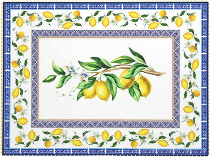 Lemon Table Cloth Yellow and Blue Mediterranean Summer Decor Tile Flower Pattern Rectangle Tablecloth Reusable Table Cloths Washable Tabletop Covers for Kitchen Party, 54"X72"