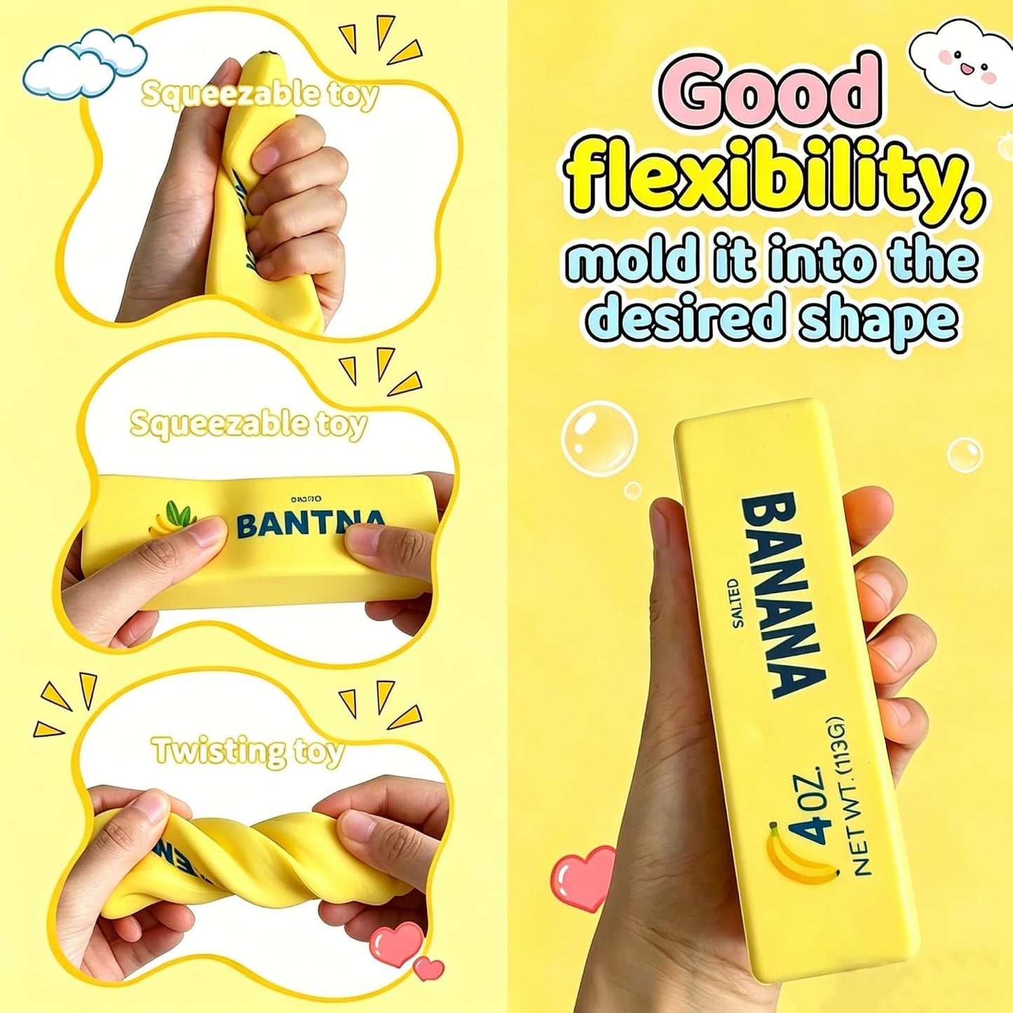 Yellow Banana Butter Squishy 2 Pack Soft Squeeze Toys, Stress Relief Fidget | Slow Rebound Butter Sensory Fidget Toy, Party Favors Birthday Gifts, Adults Office Desk Toys, 2Pcs Butters Stick