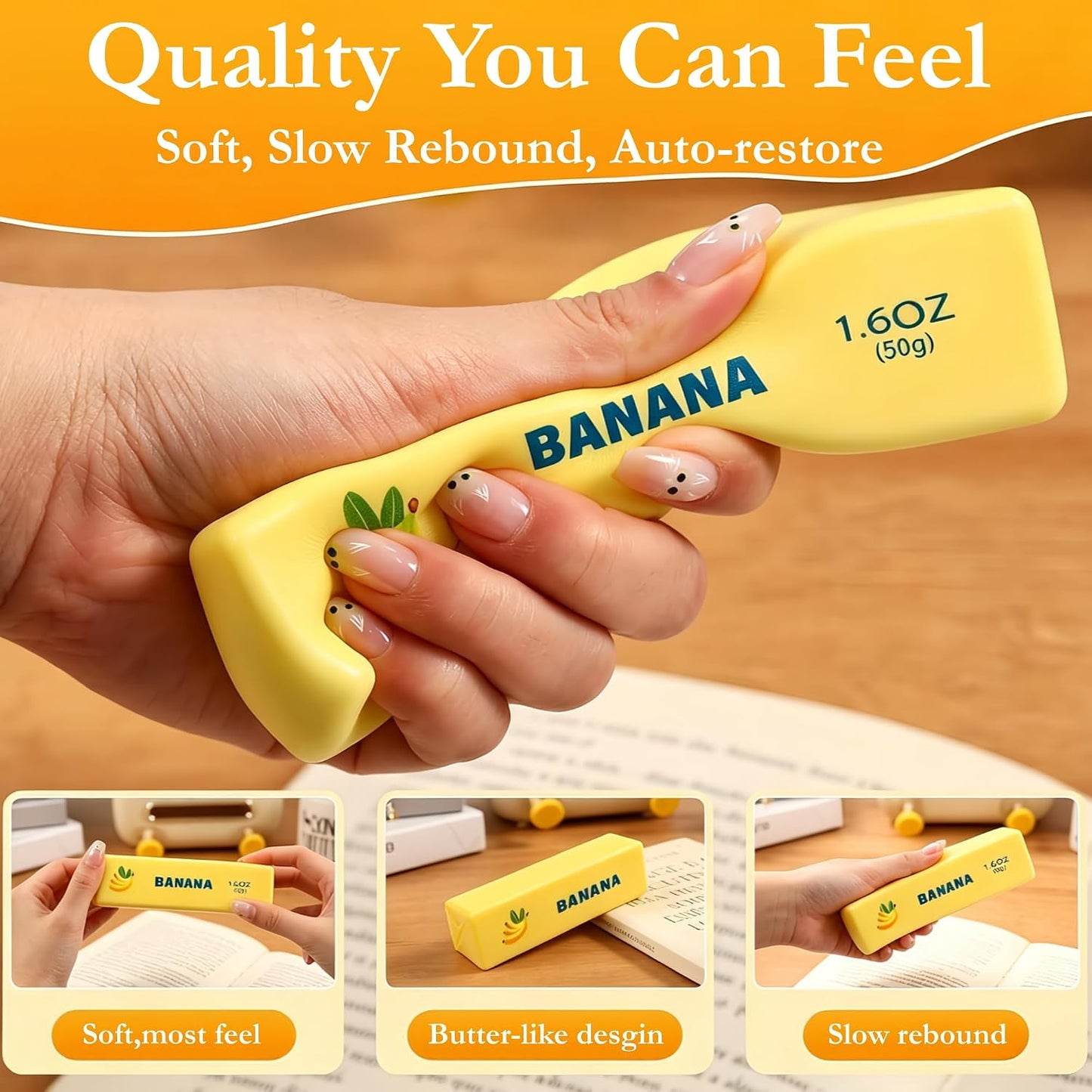 Yellow Banana Butter Squishy 2 Pack Soft Squeeze Toys, Stress Relief Fidget | Slow Rebound Butter Sensory Fidget Toy, Party Favors Birthday Gifts, Adults Office Desk Toys, 2Pcs Butters Stick