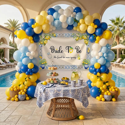 Royal Blue Yellow bridal shower lemon theme balloon arch kit with Bride to be backdrop for Lemonade italian capri amalfi coast main squeeze bridal party decorations