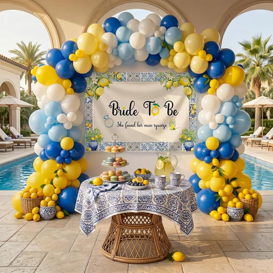 Royal Blue Yellow bridal shower lemon theme balloon arch kit with Bride to be backdrop for Lemonade italian capri amalfi coast main squeeze bridal party decorations