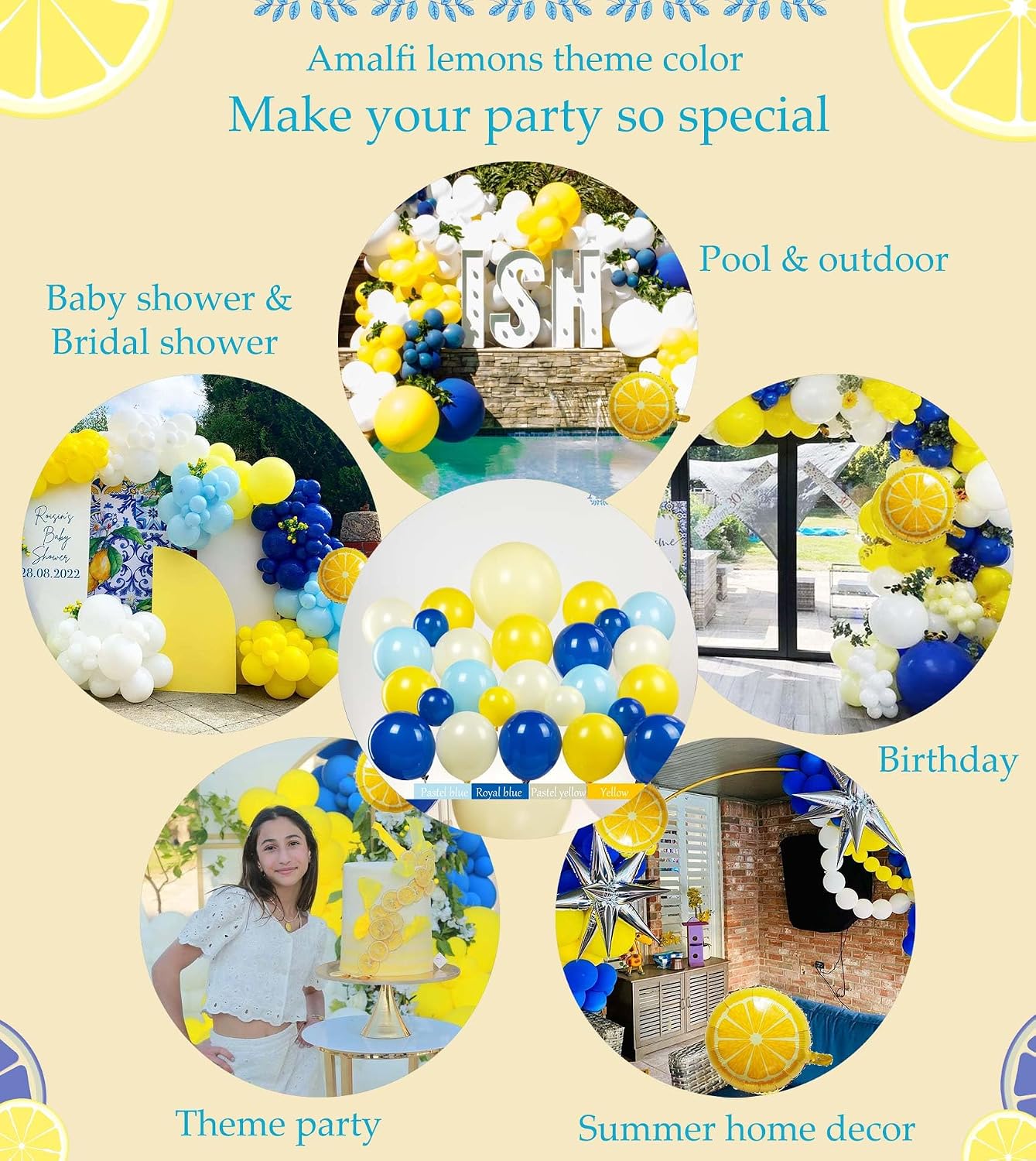 Royal Blue Yellow bridal shower lemon theme balloon arch kit with Bride to be backdrop for Lemonade italian capri amalfi coast main squeeze bridal party decorations