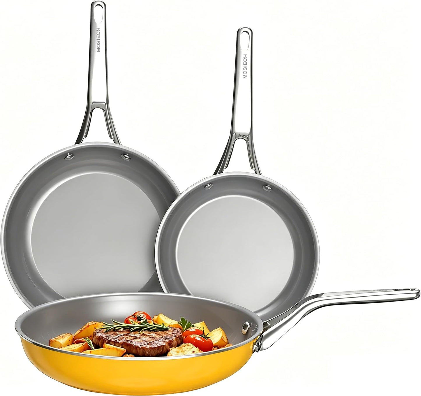 3-Piece Yelllow Ceramic Nonstick Frying Pan Set, Induction Cookware | 8, 9.5, 11 inch skillets; non-toxic PFAS, PFOA, lead & cadmium free; anti-scald handles; oven safe to 480°F; swift clean up