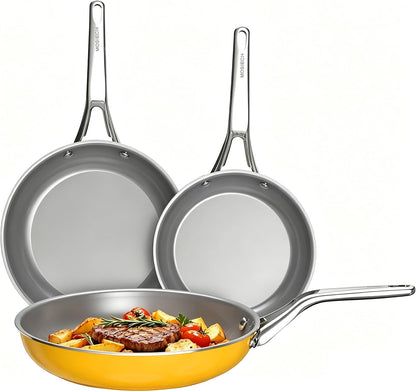 3-Piece Yelllow Ceramic Nonstick Frying Pan Set, Induction Cookware | 8, 9.5, 11 inch skillets; non-toxic PFAS, PFOA, lead & cadmium free; anti-scald handles; oven safe to 480°F; swift clean up
