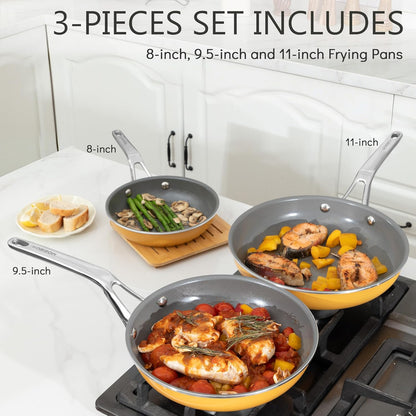 3-Piece Yelllow Ceramic Nonstick Frying Pan Set, Induction Cookware | 8, 9.5, 11 inch skillets; non-toxic PFAS, PFOA, lead & cadmium free; anti-scald handles; oven safe to 480°F; swift clean up