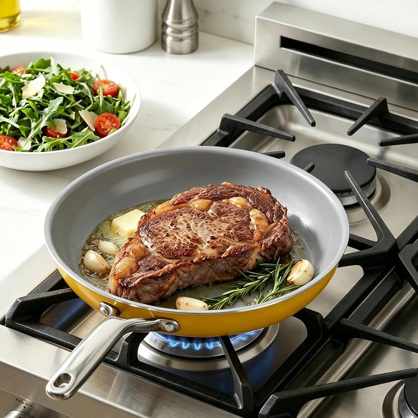 3-Piece Yelllow Ceramic Nonstick Frying Pan Set, Induction Cookware | 8, 9.5, 11 inch skillets; non-toxic PFAS, PFOA, lead & cadmium free; anti-scald handles; oven safe to 480°F; swift clean up