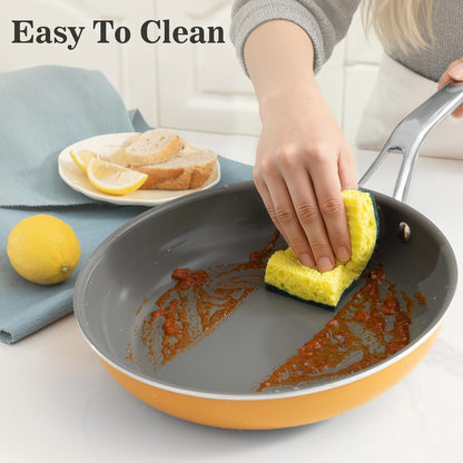 3-Piece Yelllow Ceramic Nonstick Frying Pan Set, Induction Cookware | 8, 9.5, 11 inch skillets; non-toxic PFAS, PFOA, lead & cadmium free; anti-scald handles; oven safe to 480°F; swift clean up
