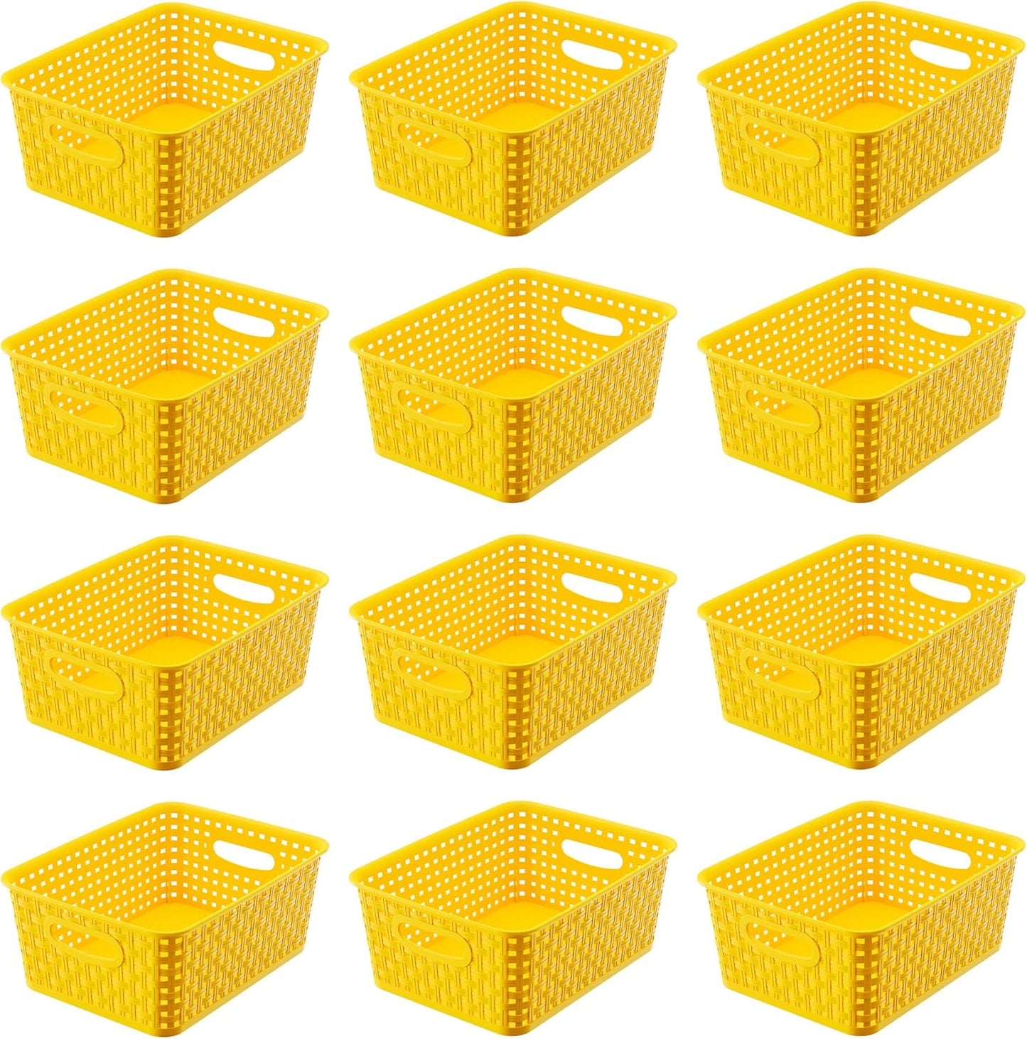 Yellow Plastic Organizer Baskets, 12-Pack Stackable Pantry Storage Baskets, Small Baskets for Shelves, Bathrooms, Kitchens, Laundry Room, Classrooms, Cabinets and Bedrooms