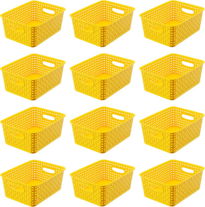 Yellow Plastic Organizer Baskets, 12-Pack Stackable Pantry Storage Baskets, Small Baskets for Shelves, Bathrooms, Kitchens, Laundry Room, Classrooms, Cabinets and Bedrooms