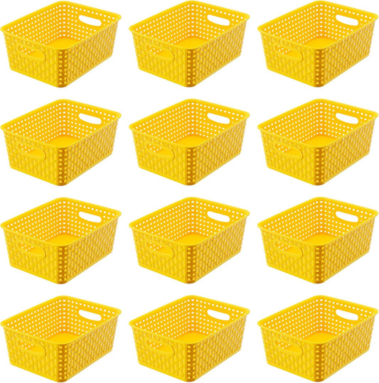 Yellow Plastic Organizer Baskets, 12-Pack Stackable Pantry Storage Baskets, Small Baskets for Shelves, Bathrooms, Kitchens, Laundry Room, Classrooms, Cabinets and Bedrooms