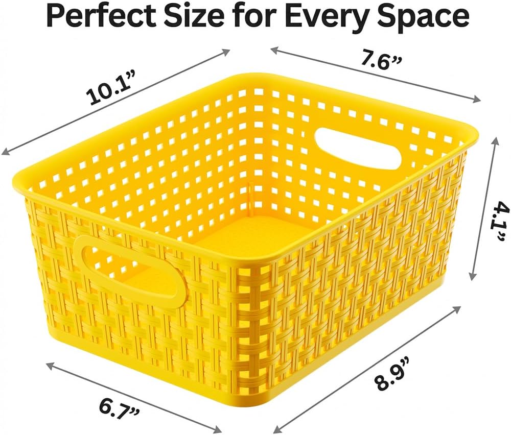 Yellow Plastic Organizer Baskets, 12-Pack Stackable Pantry Storage Baskets, Small Baskets for Shelves, Bathrooms, Kitchens, Laundry Room, Classrooms, Cabinets and Bedrooms