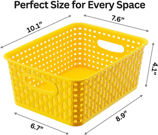 Yellow Plastic Organizer Baskets, 12-Pack Stackable Pantry Storage Baskets, Small Baskets for Shelves, Bathrooms, Kitchens, Laundry Room, Classrooms, Cabinets and Bedrooms