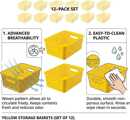 Yellow Plastic Organizer Baskets, 12-Pack Stackable Pantry Storage Baskets, Small Baskets for Shelves, Bathrooms, Kitchens, Laundry Room, Classrooms, Cabinets and Bedrooms