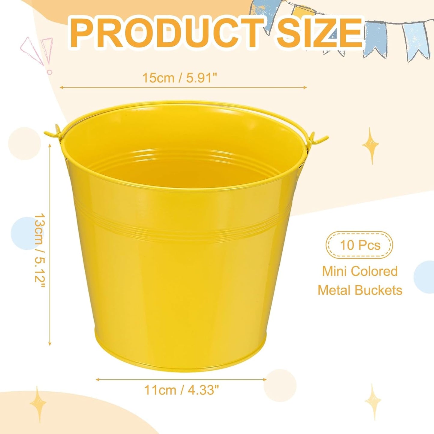 Small Metal Buckets, Mini Buckets with Handle Galvanized Colored Tin Pail Containers Basket Party Supplies - Fit for (Halloween - Classroom Crafts) 6" & 10Pcs & Yellow