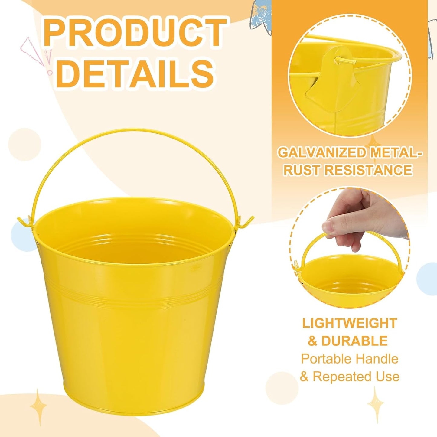 Small Metal Buckets, Mini Buckets with Handle Galvanized Colored Tin Pail Containers Basket Party Supplies - Fit for (Halloween - Classroom Crafts) 6" & 10Pcs & Yellow