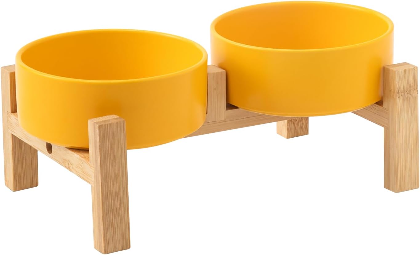 Elevated Ceramic Dog Bowl Set - Raised Dog Bowls with Non Slip Bamboo Stand, Food and Water Bowl Set for Kitty, Cats and Toy Breed Dogs, Pet Bowls, Dogs Dishes (5.1'', 2 * 16OZ, Yellow)