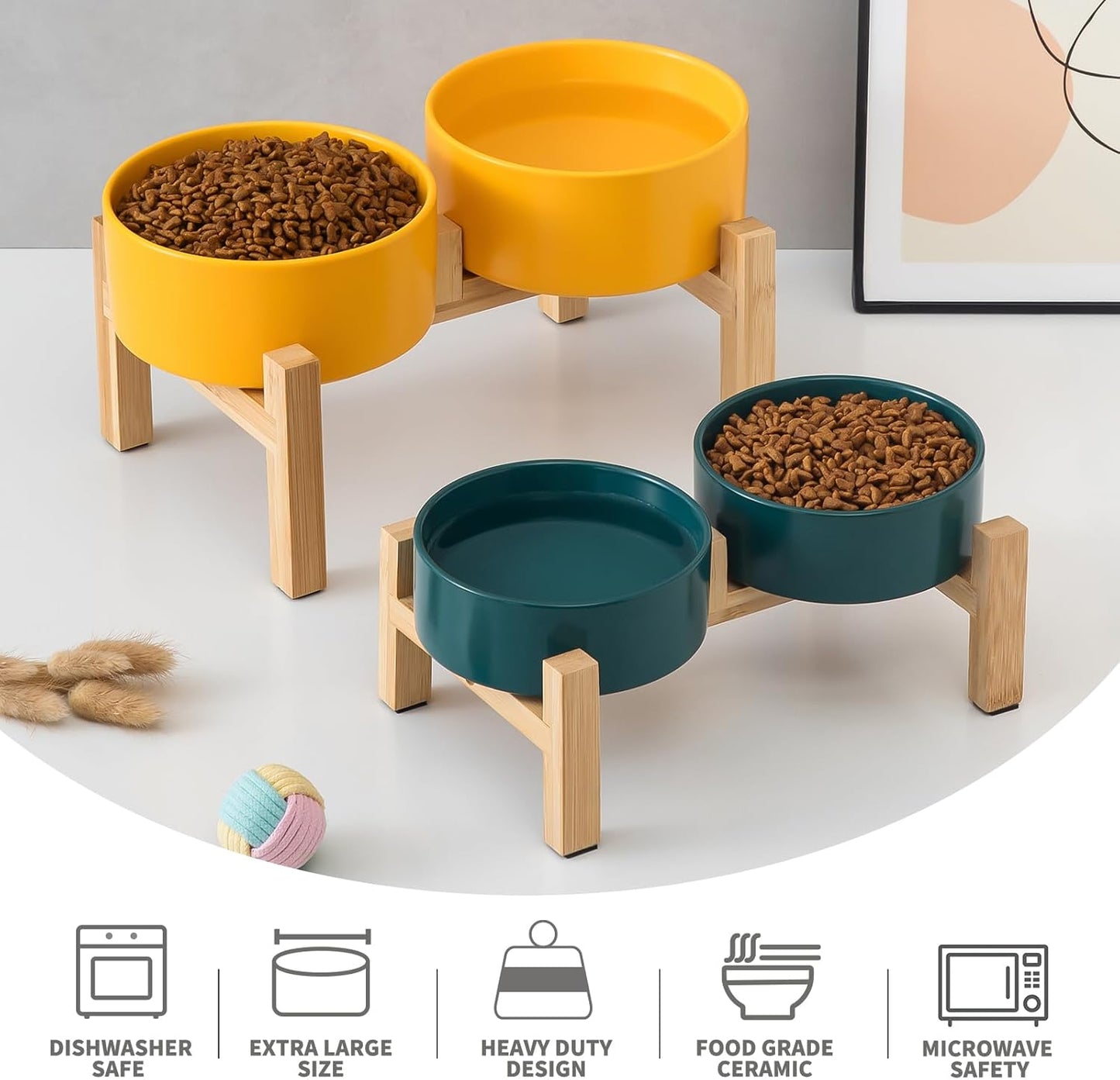 Elevated Ceramic Dog Bowl Set - Raised Dog Bowls with Non Slip Bamboo Stand, Food and Water Bowl Set for Kitty, Cats and Toy Breed Dogs, Pet Bowls, Dogs Dishes (5.1'', 2 * 16OZ, Yellow)