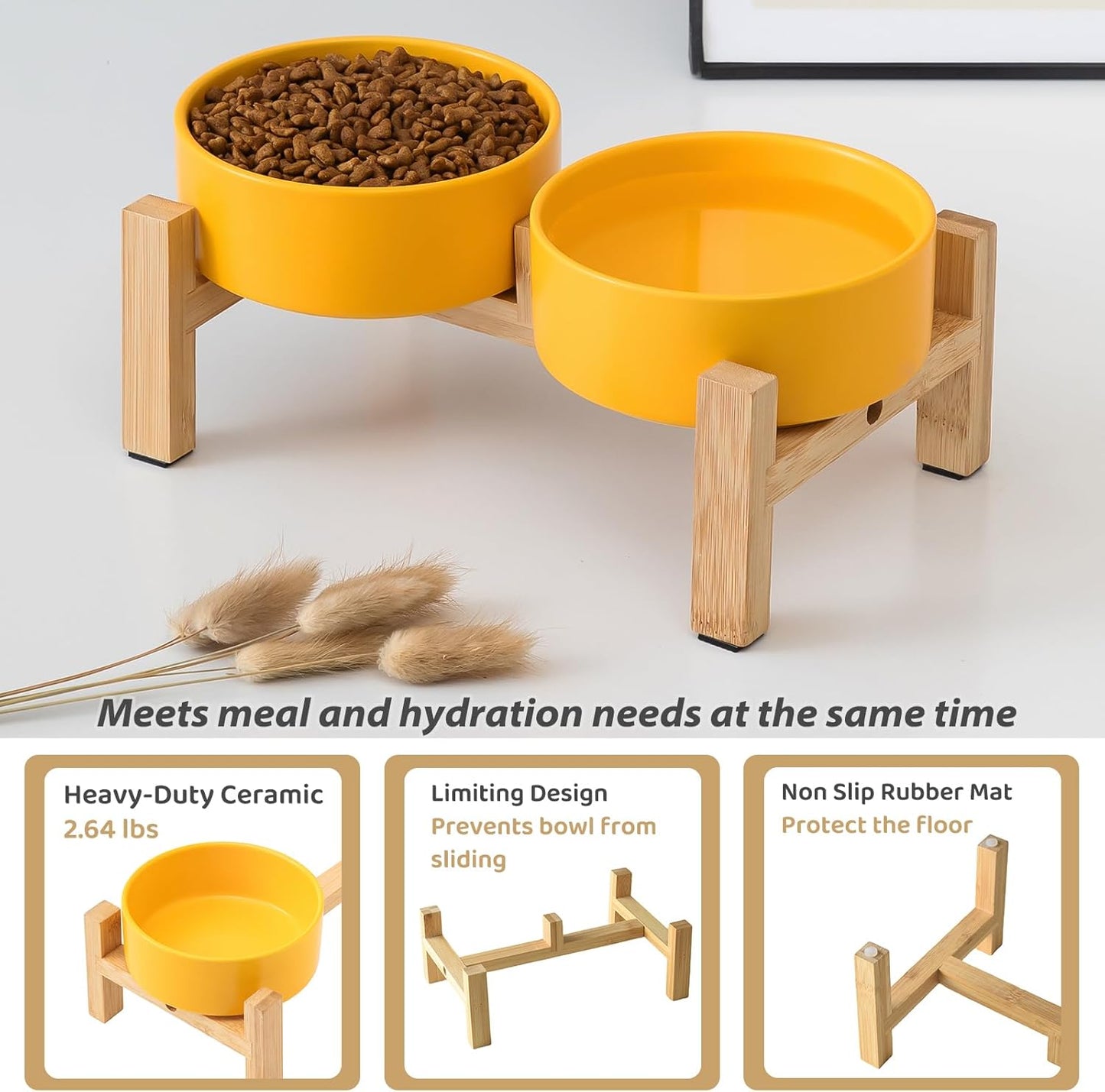 Elevated Ceramic Dog Bowl Set - Raised Dog Bowls with Non Slip Bamboo Stand, Food and Water Bowl Set for Kitty, Cats and Toy Breed Dogs, Pet Bowls, Dogs Dishes (5.1'', 2 * 16OZ, Yellow)