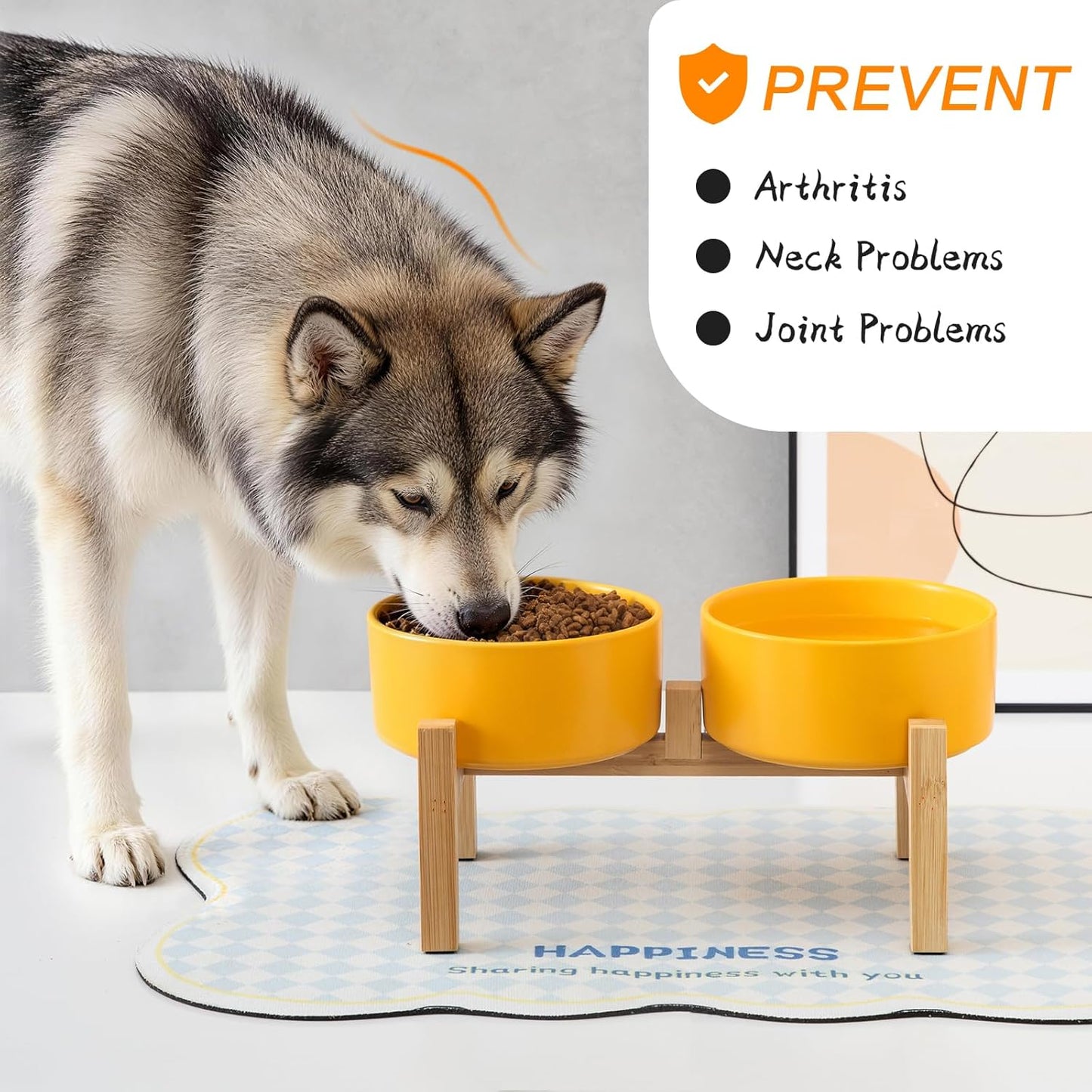 Elevated Ceramic Dog Bowl Set - Raised Dog Bowls with Non Slip Bamboo Stand, Food and Water Bowl Set for Kitty, Cats and Toy Breed Dogs, Pet Bowls, Dogs Dishes (5.1'', 2 * 16OZ, Yellow)