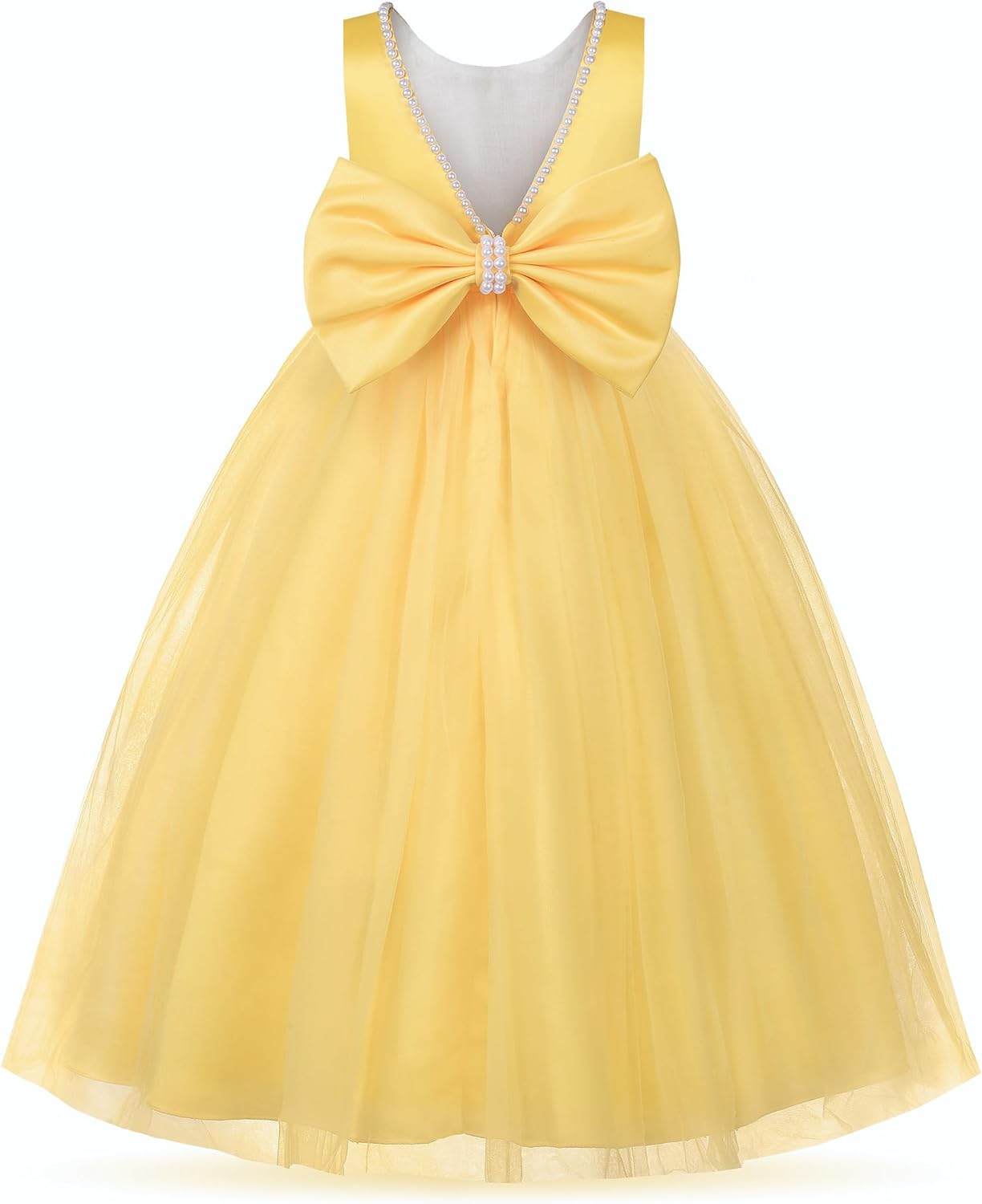 Flower Girl Pearls Dress V-Back Tulle Ball Gown Satin Prom with Bow-Knot for Wedding Pageant Birthday Party