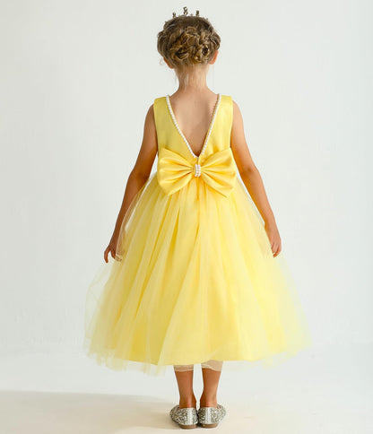 Flower Girl Pearls Dress V-Back Tulle Ball Gown Satin Prom with Bow-Knot for Wedding Pageant Birthday Party