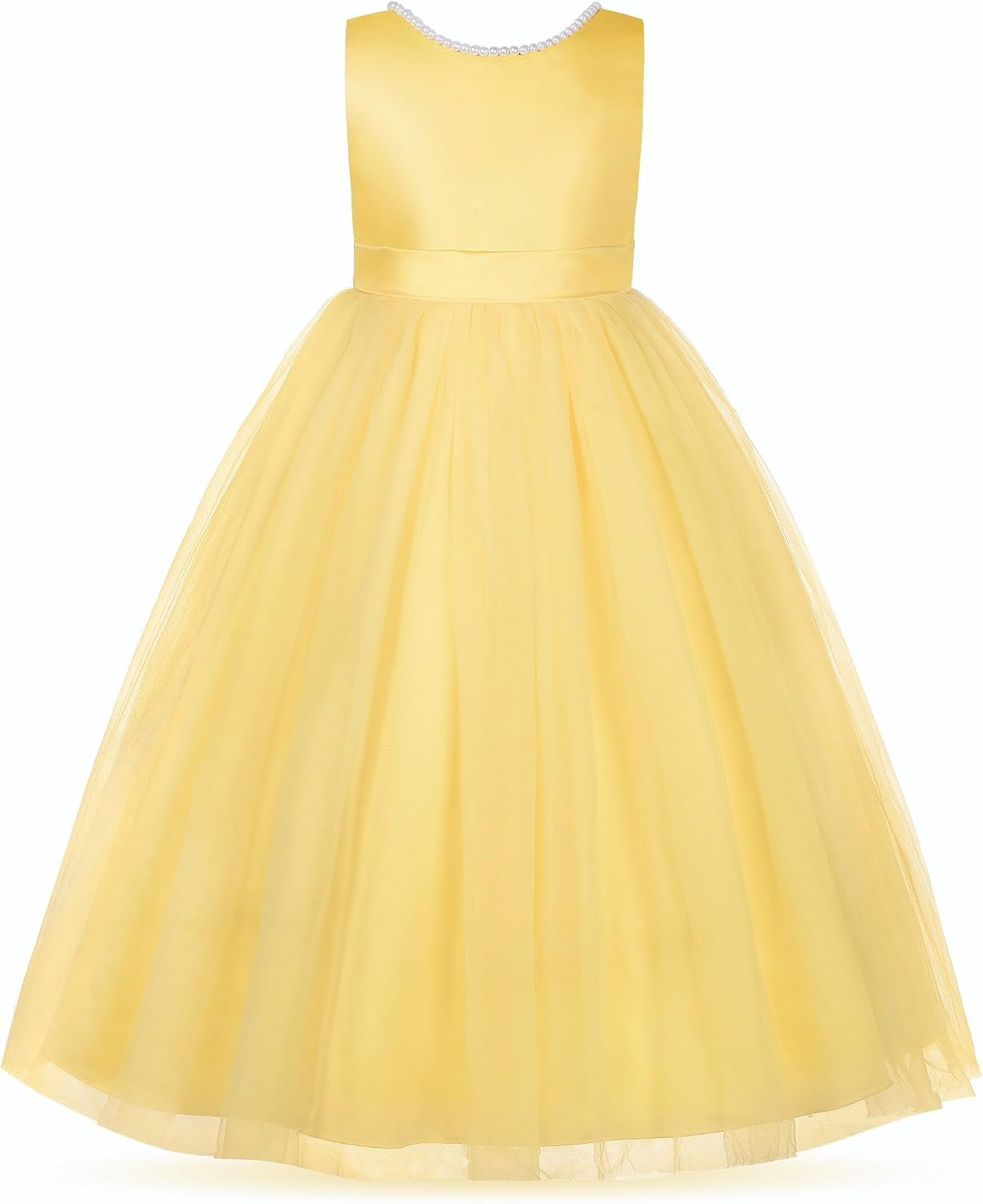 Flower Girl Pearls Dress V-Back Tulle Ball Gown Satin Prom with Bow-Knot for Wedding Pageant Birthday Party