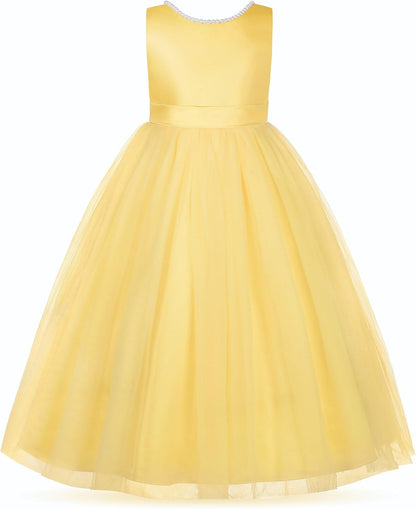 Flower Girl Pearls Dress V-Back Tulle Ball Gown Satin Prom with Bow-Knot for Wedding Pageant Birthday Party
