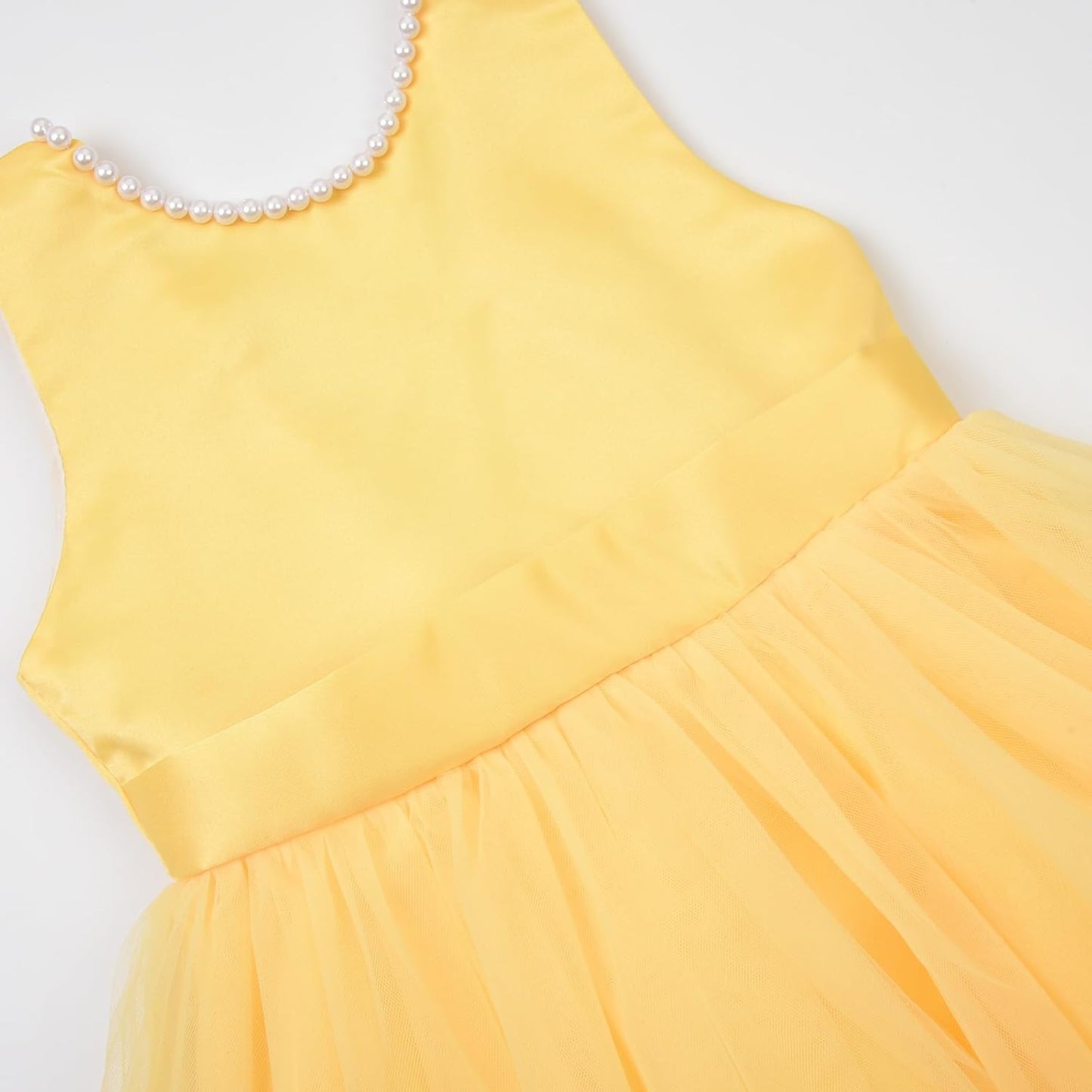 Flower Girl Pearls Dress V-Back Tulle Ball Gown Satin Prom with Bow-Knot for Wedding Pageant Birthday Party