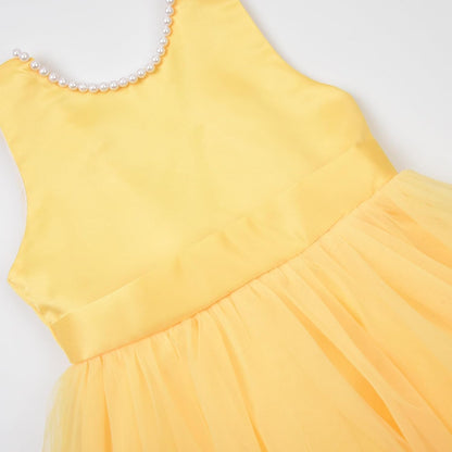 Flower Girl Pearls Dress V-Back Tulle Ball Gown Satin Prom with Bow-Knot for Wedding Pageant Birthday Party