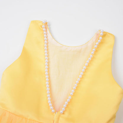 Flower Girl Pearls Dress V-Back Tulle Ball Gown Satin Prom with Bow-Knot for Wedding Pageant Birthday Party