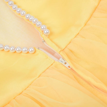 Flower Girl Pearls Dress V-Back Tulle Ball Gown Satin Prom with Bow-Knot for Wedding Pageant Birthday Party