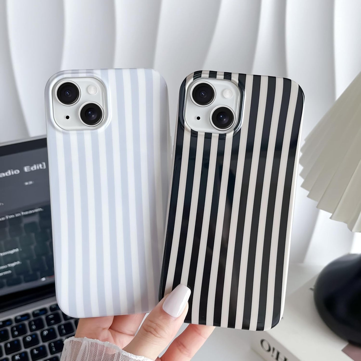 for iPhone 14 Case Cute Striped Phone Case Soft TPU Slim Shockproof Phone Cover for Women Girls, Blue and White