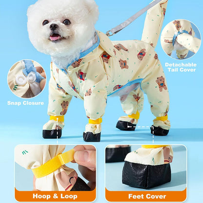 Junchl Small Dog Raincoat Rainboots with D-Ring, Full Coverage Dog Rain Jacket Slicker Poncho, Waterproof Dog Rain Jacket with Reflective Strip, Rainboot, Tail Cover Yellow Bear 2XL